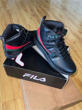 FILA Men’s Black Mid-Top Sneakers with Red & Green Stripes